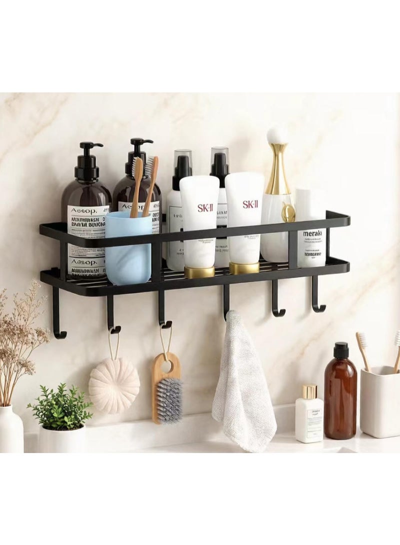 Mordely Wall-Mounted Bathroom Organizer Shelf with Hooks, No-Drill Adhesive Shower Caddy for Soap, Toothbrush, Toiletries Storage (Black, 30x12x4.5cm - Image 1